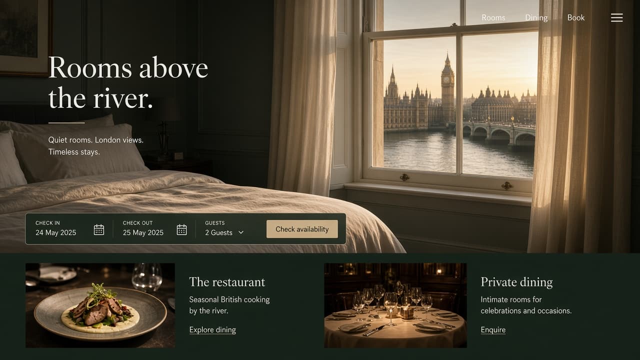A boutique hotel website with an availability bar