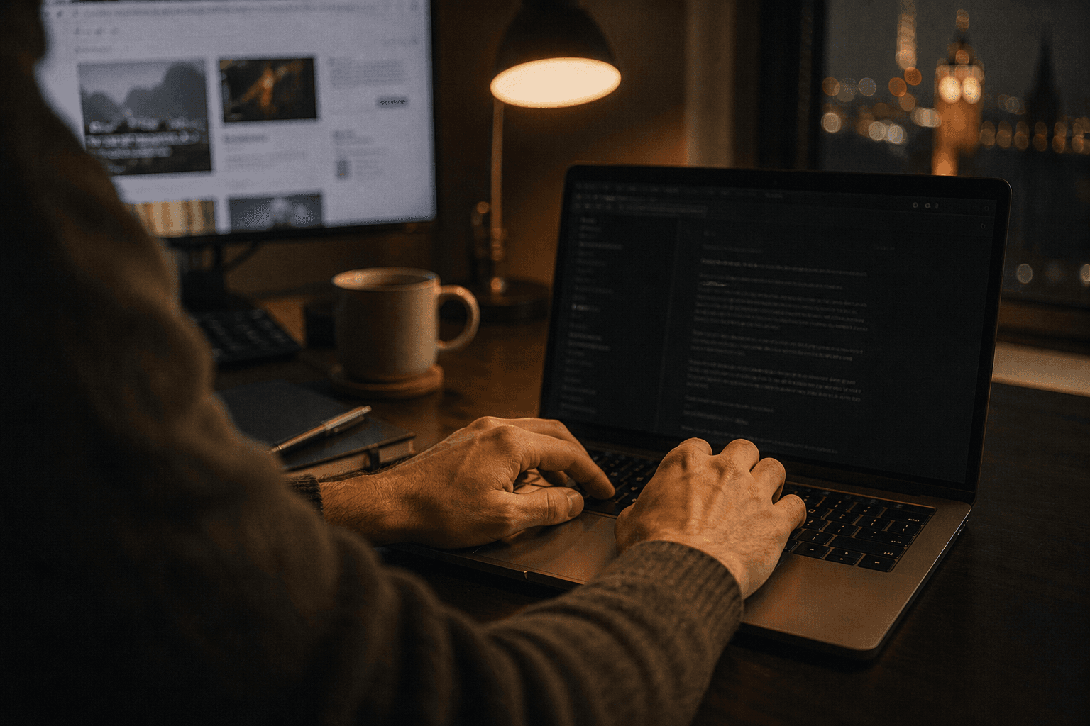 Working at the desk — Fully Stacked is one person